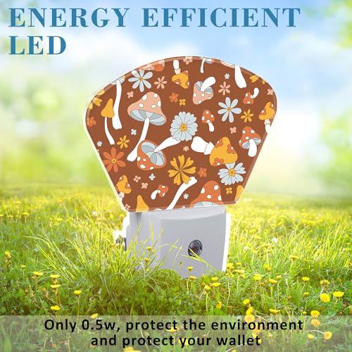 Image of Vintage Mushrooms Night Light Plug into Wall, Boho Flowers Night Light with Dusk to Dawn Sensor for Kid Girls Boys Women Men Bedroom, Hallway, Kitchen, Bathroom, Stairs Decor