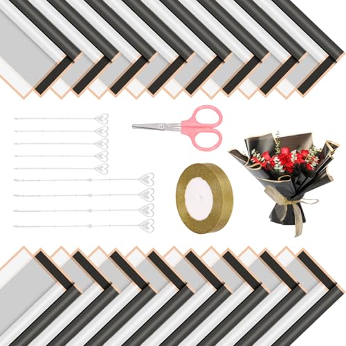 Swpeet 40 Sheet Gold Edge White & Black Flower Wrapping Paper with Floral Picks Card Holders Ribbon Roll and Scissors Kit, Florist Supplies Bouquet Packaging Paper for Wedding Birt