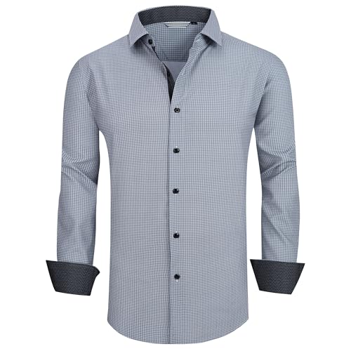WARHORSEE Mens Casual Button Down Dress Shirts Long Sleeve 4-Way Stretch Collared Printed Business Work Shirt,BlackSuqare4482,M