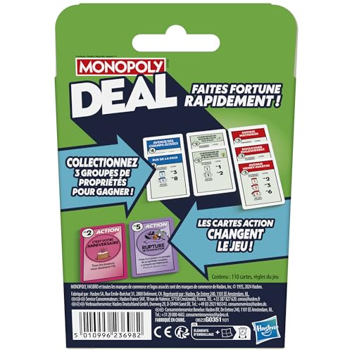 Monopoly Deal, Jeu de Cartes Rapide Inspiré du Jeu de Société Classique, Idée Cadeau d'anniversaire pour Garçons et Filles, Enfants et Familles, Dès 8 Ans
