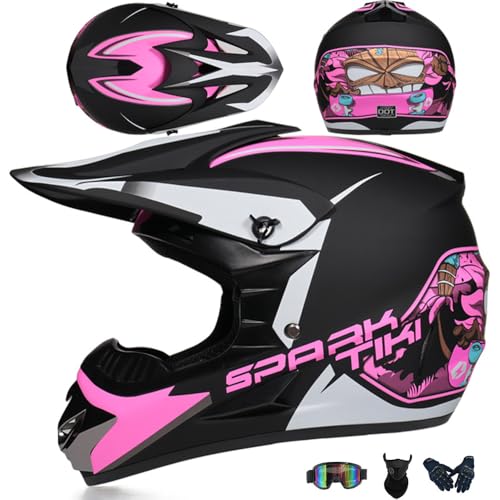 PAESCOY Motorradhelm Cross Damen Herren Full Face MTB Helm Motocross Helm DOT/ECE-Zertifizierter Mit Schutzbrillen Maske Handschuhe Downhill Helm Mopedhelm Schutzhelm Für Cruiser Chopper,Pink/C-L