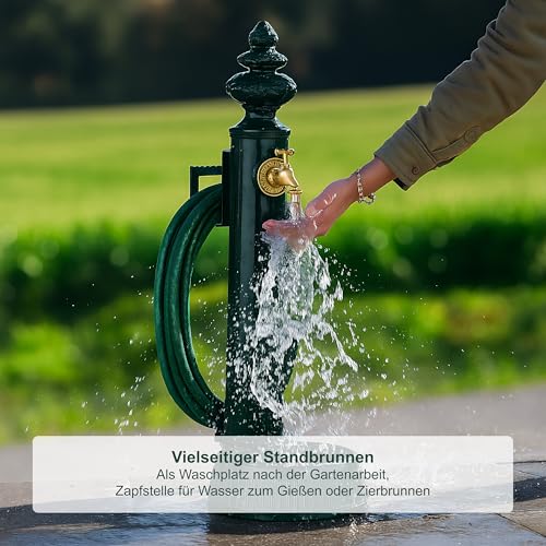 Relaxdays Standbrunnen antik, Wasserhahn & Becken, HxBxT: 87x26x43 cm, Wasserzapfsäule mit Schlauchhalter, Garten, grün