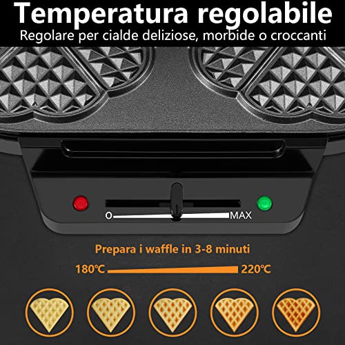 YASHE SW-2122M Belgische Waffel Piastra Waffle Cuore, 10 Waffle Classici a Forma di Cuore con Rivestimento Antiaderente, 5 Regolazioni di Temperatura, Spie Luminose, 1200W, Argento/Nero - immagine 5