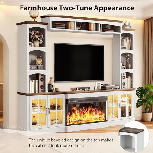 Image of MXV 98 inch Farmhouse Fireplace TV Stand, Large Wall Unit Entertainment Center with 36 inch Electric Fireplace, Media Console with Storage Cabinets and Open Shelves for Living Room, White