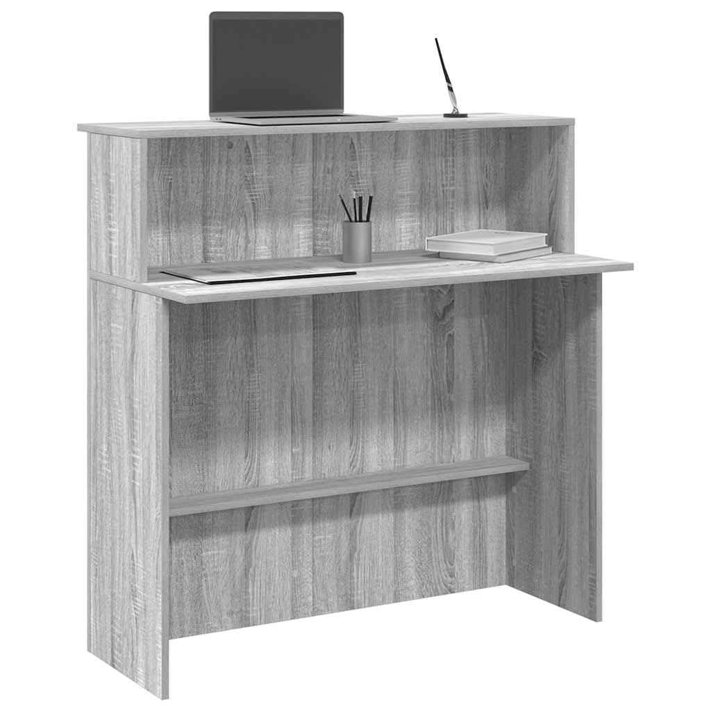 Banco reception grigio sonoma in legno multistrato 100x50x103,5 cm con ripiano integrato e cassetto per ufficio studio e smartworking, mobile per postazione lavoro e computer