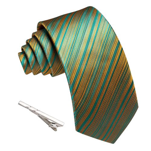 Image of Barry.Wang Silk Men Ties Formal Stripes Necktie and Tie Clip for Wedding Party Business Fashion Classic