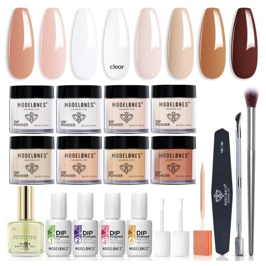 Modelones 20 Pcs Dip Powder Nail Kit Starter, 8 Colors Dipping Powder System Essential Liquid Set with Base & Top Coat Activator Brush Saver Cuticle Oil for French Nail Art Manicure DIY Salon All-in-One Beginner Extension Kit
