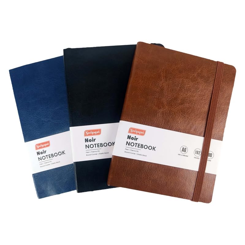 NEELGAGAN Noir Notebook – A6 Flexi Cover Round Corner 192 Page - with Elastic Band in Brown Color Pack of 3