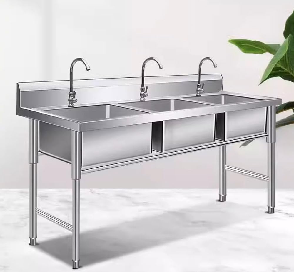 Lavello da cucina commerciale in acciaio inox – 1/2/3 vani, EN 1.4301 o 1.4372 acciaio, preparazione degli alimenti e lavastoviglie, personalizzabile, per ristorante, macelleria, ristorazione (lavello