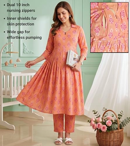 Image of DUMMY SHAPE Maternity Dresses for Women Cotton Rayon | Floral Kurta Pant Dupatta Set with Nursing Zippers to Pre & Post Partum | Feeding Kurtis | Mom to Be Gifts for Pregnant Woman