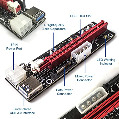 Dracaena.io 6 Pack PCIE Riser Adapter Card for GPU Crypto Mining16X to 1X (6pin/ MOLEX/SATA Powered) LED Status Riser Adapter + 60cm USB 3.0 Cable (GPU Ethereum Mining)