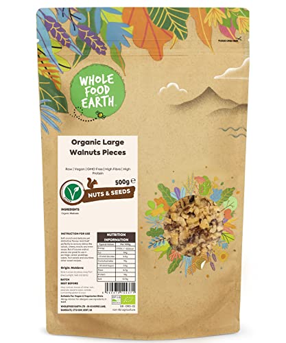 Wholefood Earth - Nueces ecológicas en piezas grandes (500 g, crudas, veganas, sin transgénicos, altas en fibra, altas en proteínas, con certificación ecológica)