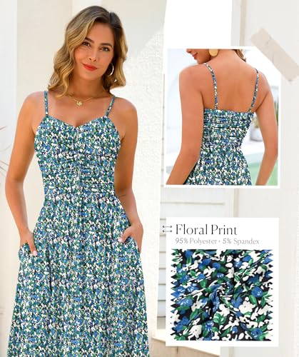 Image of Annebouti Women 2026 Summer Spring Ruched Maxi Dress Adjustable Spaghetti Strap Floral Beach Long Sundress with Pockets
