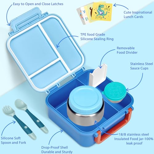 Image of Kids Bento Lunch Box with 9oz Soup Thermo Leakproof Lunch Food Containers 4 Compartment with Insulated Hot Food Jar for Kid Toddler Girls Boys to School, Trvael