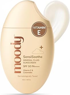 Moody SensiSoothe Mineral Brightening Sunscreen Serum with Ceramides & Rice | Sunscreen for All Skin Types with SPF 50 PA++++ | No White Cast, & Non-Comedogenic Sunscreen Dermatologist Tested-50ML