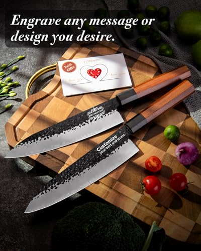 Image of FAMCUTE 8'' Engraved Custom Japanese Knife, Hand-Forged Chef Knife with 5-Layer 9CR18MOV Steel and Non-Slip Rosewood Handle Kitchen Knife, Christmas Gift for People Who Love to Cook in Sandalwood Box