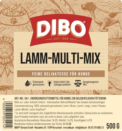 DIBO Lamm Multi-Mix, 500g-Beutel, der kleine Naturkau-Snack oder Leckerli für Zwischendurch, Hundefutter, Qualitätskauartikel ohne Chemie von DIBO