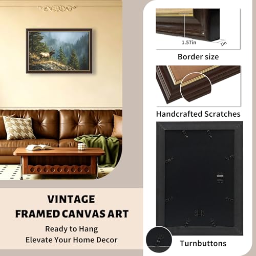Image of Antique Framed Bull Elk Canvas Wall Art, Forest Wildlife Portrait Oil Painting Canvas Prints, Vintage Cabin Wall Decor Pictures for Living Room Bedroom Office