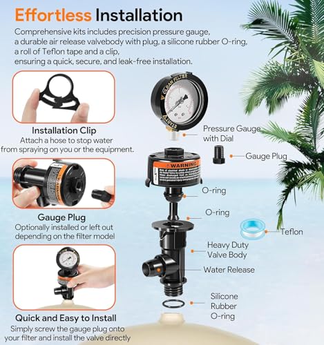 Luftablassventil mit Manometer für Poolfilter – Ersatzkompatibel zu 98209800 & 190058 – Passend für Clean & Clear, Warrior, FNS, Predator – Hochleistungs-Druckentlastungsventil inkl. Dichtungen & Tefl