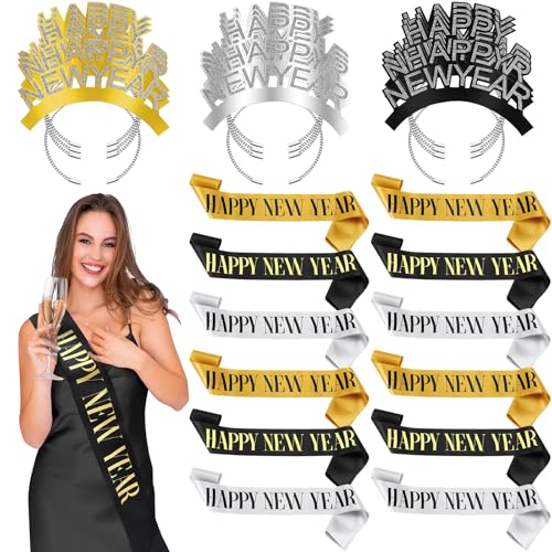 24 Pcs Happy New Year Party Supplies 2025 Include 12 Happy New Year Sash Belt and 12 Headband Accessories for Eve Party Favor Decorations Adult