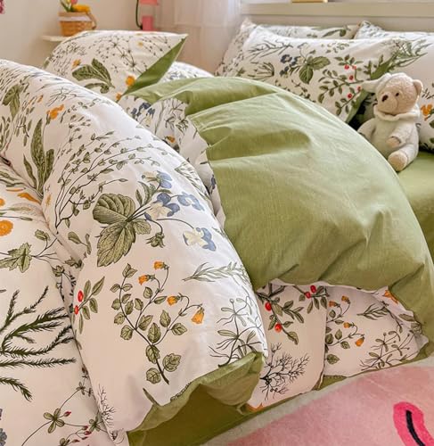 Image of KAREVER Botanical Comforter Set King White and Sage Green Floral Plant Bedding Set Women Reversible Blanket 3 PCs Girls Breathable White Floral Bed Comforter Set