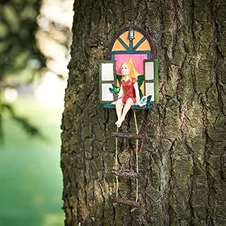 SA Products Fairy House with Ladder - Hand-Painted Resin Garden Statues and Sculptures for Tree - Hanging Outdoor Decorations for Fences, Walls - Decorative Ornament Gifts for Homeowners, Gardeners