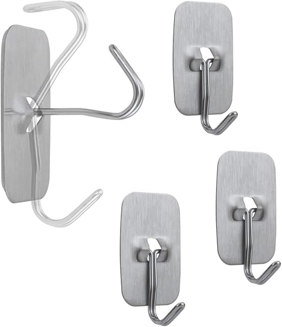 ZOTTI Adjustable Self Adhesive Hooks - 6 Pack, 26mm Square Stainless Steel | Chrome Heavy Duty Strong J Hook for General, Bathroom & Kitchen Use | Movable, Waterproof, Stick on Hooks for Decor