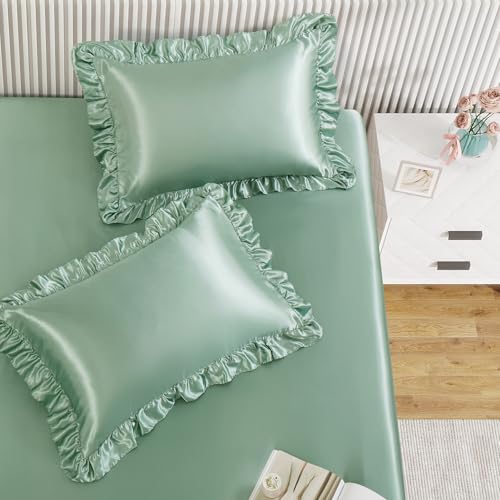 Image of Homiest Sage Green Twin Ruffle Pillowcase & Satin Fitted Sheet Set 2Pcs | Silky Satin Protects Hair And Skin, 15-Inch Deep Pocket, Pearlescent Earthy Natural Calm, Easy Machine Wash Care