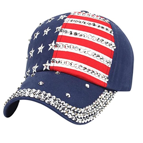 Women Sparkle Rhinestone USA Patriotic American Flag Baseball Cap Hat 4th July Summer Sun Cap Navy
