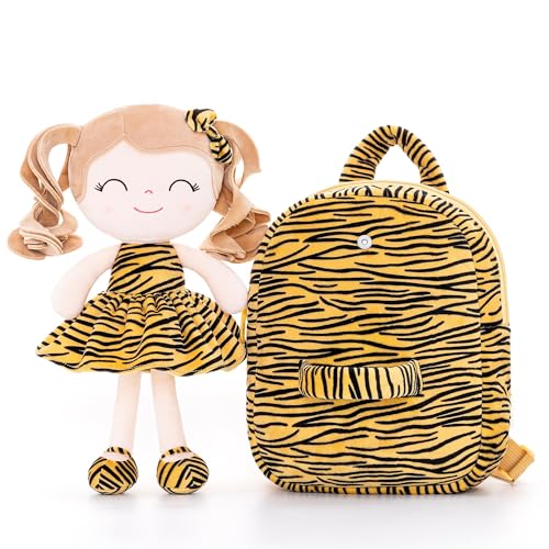 Image of Gloveleya Toddler Backpack Baby Girl Gifts Curly Hair Plush Figures Dress Backpack Kids Backpack Curly Hair Animal Backpack - Tiger 9inches