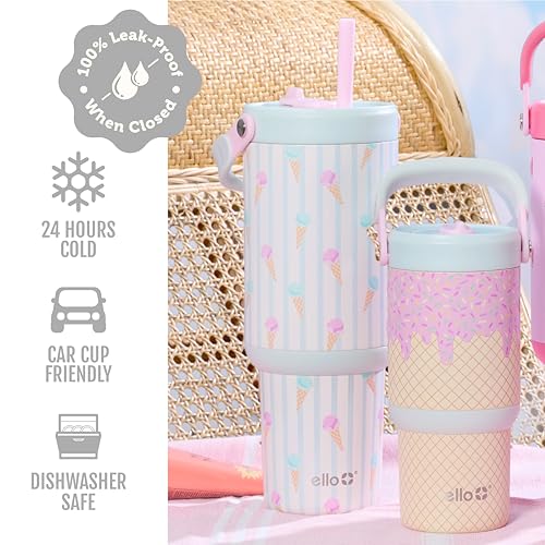 Image of Ello Oasis Go+ 32oz Tumbler with Top Handle and Retracting Straw | Reusable Insulated Stainless Steel Cup, 100% Leakproof Water Bottle, 24 Hours Cold, Cup Holder Friendly For Travel | Ice Cream Parlor