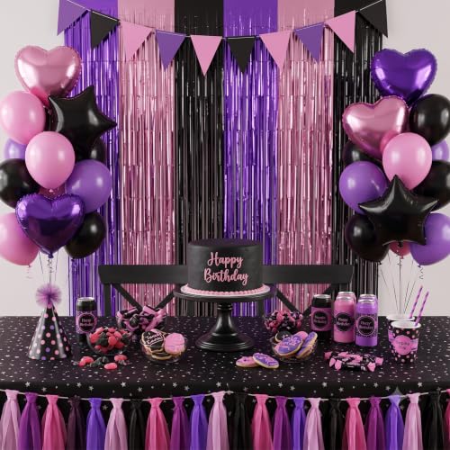 Image of TONIFUL 2Pcs Purple Pink Black Metallic Tinsel Foil Fringe Curtain Streamer | 3.3ftx6.6ft Photo Booth Backdrop Door Streamer for Halloween Mystery Themed Birthday Baby Shower Bachelorette Party Decor