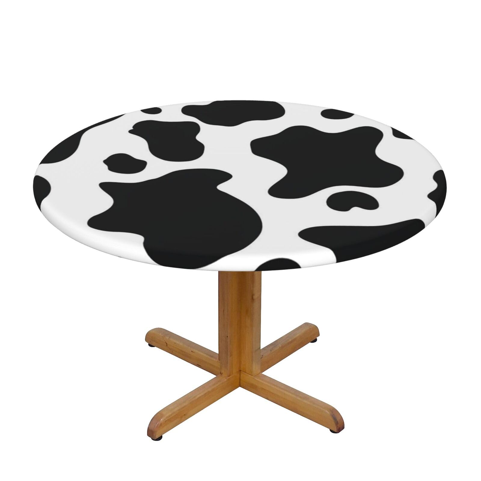 Ffshkowe Black And White Cow Elastic Round Tablecloth Oil Proof Table Cover For Dining Party Picnic