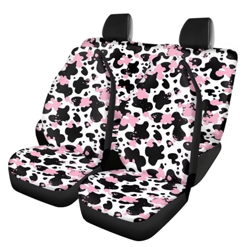 Gomesmonty Cow Print Car Seat Covers Full Set Front Saddle Blanket with Auto Rear Seat Bench Cover for Women(Pink Black White)