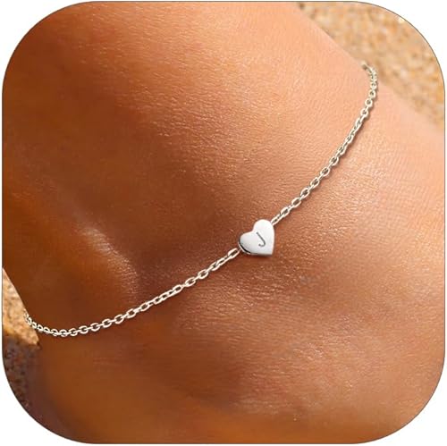 ChicSilver Tobilleras de plata de ley 925 con iniciales para mujer, delicada pulsera de tobillo de corazón de playa, joyería de pie ajustable (con