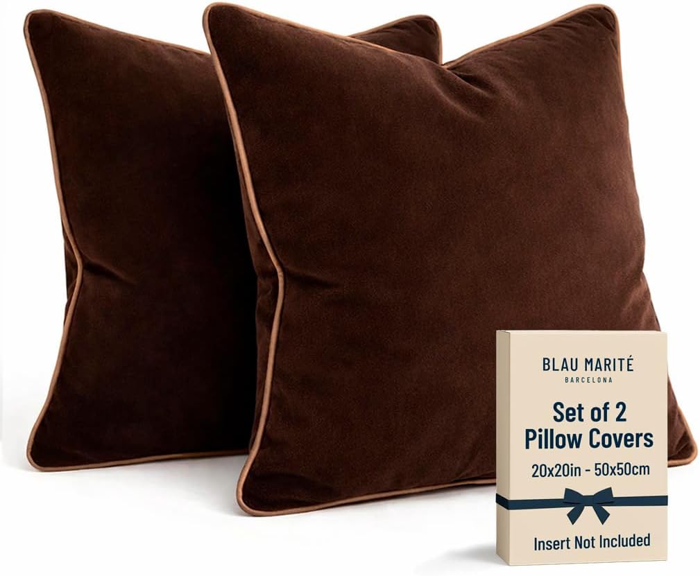 2 Pack Velvet Decorative Throw Pillow Covers, 20"x20", Brown and Camel, Solid, Modern, Contrast Piping, Indoor Use, Bedroom & Living Room
