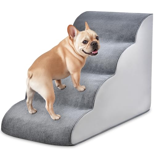 Dog Stairs for Small Dogs and Cats 19.7” H, 4-Step Pet Stairs with High-Density Foam, Curved Ramp for Puppies, Medium Pets and Older Cats, for Bed, Couch or Sofa, Gray
