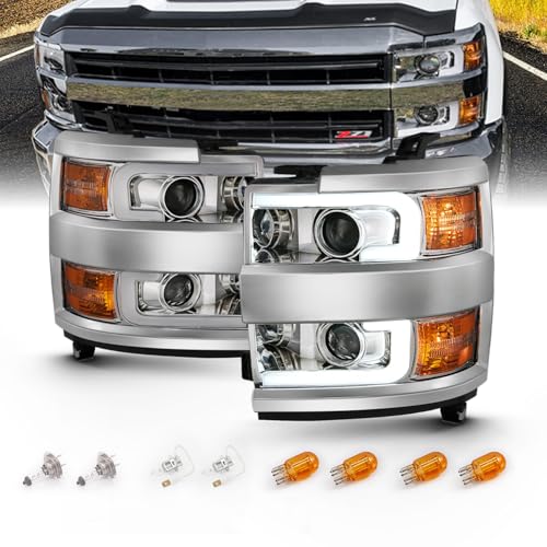 AmeriLite for 2015-2019 Chevy Silverado 2500HD 3500HD Work Truck Chrome Quad Projector Headlights w/Dual LED Tube Replacement Assembly Set - Passenger and Driver Side