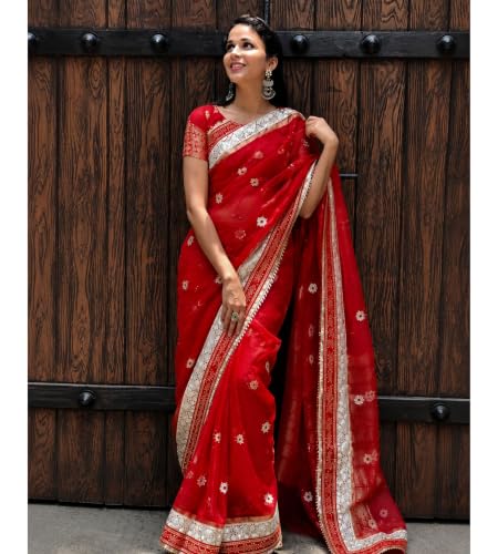 OceanLive red banarasi silk saree in organza silk – image 7