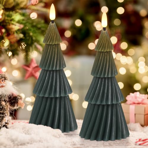 Image of Eldnacele Stripe Christmas Tree Flameless Candle with 6 Hour Timer, Battery Operated(Included) 3D Wick Flickering Real Wax Green LED Candles Xmas Eve Dinner Holiday Decor (2Pcs,3 inchx7.1 inch)