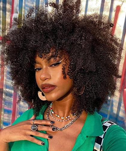 Annisoul 10Inch Short Curly Afro Wigs For Black Women Bomb Afro Kinky Curly Wig With Bangs Synthetic Fiber Full Wig(Black) #TOP1