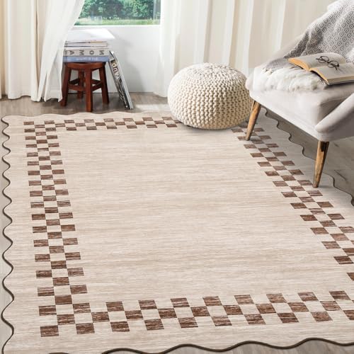 GarveeHome Washable Rug 5x7 for Living Room Large Bedroom Scalloped Rug Non Slip Stain Resistant Modern Border Throw Carpet Soft Boho Rug for Dining...