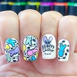 Easter Press on Nails Short Square Fake Nails Colorful Bunny with Easter Eggs Design Happy Easter Letter False Nails Full Cover Matte Rabbit Acrylic Nails Stick on Nails for Women Nail Art 24 Pcs