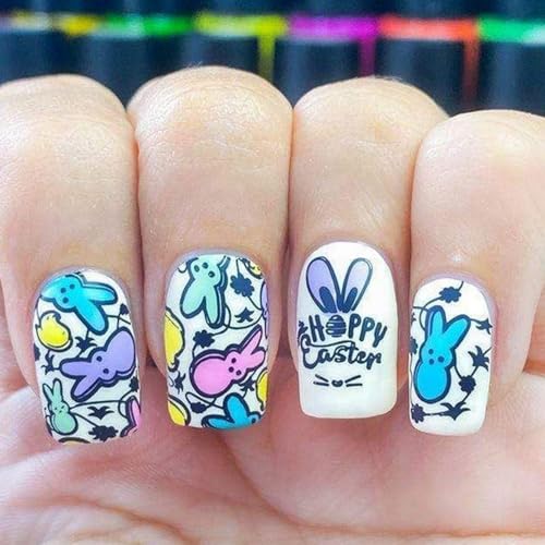 Easter Press on Nails Short Square Fake Nails Colorful Bunny with Easter Eggs Design Happy Easter Letter False Nails Full Cover Matte Rabbit Acrylic Nails Stick on Nails for Women Nail Art 24 Pcs