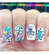 Easter Press on Nails Short Square Fake Nails Colorful Bunny with Easter Eggs Design Happy Easter...