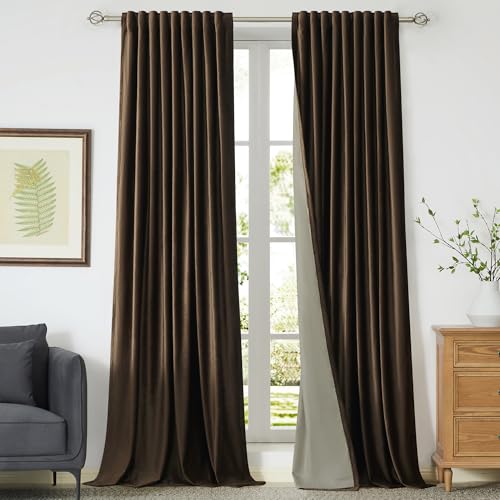 Image of PRIMROSE Full Blackout Brown Velvet Curtains 102 inch Long for Living Room,2 Panles Liner Rod Pocket Back Tab Thermal Window Curtains Room Darkening Heavy Curtain Drapes for Bedroom