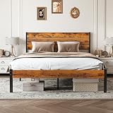 Sweetcrispy Queen Size Bed Frame with Headboard, 800LBS Mattress Foundation with All Sturdy Metal Support, Under Bed Storage, No Box Spring Needed, Easy Assembly, Rust Brown