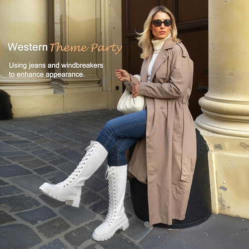 Image of Vepose Women's 953 Knee High Combat Boots Chunky Platform Heel, Lace Up Gothic Punk Work Boots for Dresses and Jeans