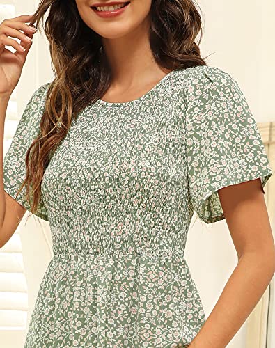 Image of Kranda Women 2025 Summer Fall Crewneck Short Sleeve Smocked Floral Maxi Dress