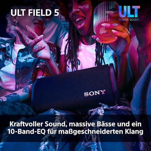 Sony ULT Field 5 - Leistungsstarker tragbarer Bluetooth-Lautsprecher, 25-Stunden-Akku, 2 x ULT Power Sound Modi, IP67, wasserdicht, staubdicht, 360° Lichter, Abnehmbarer Schulterriemen - Schwarz
